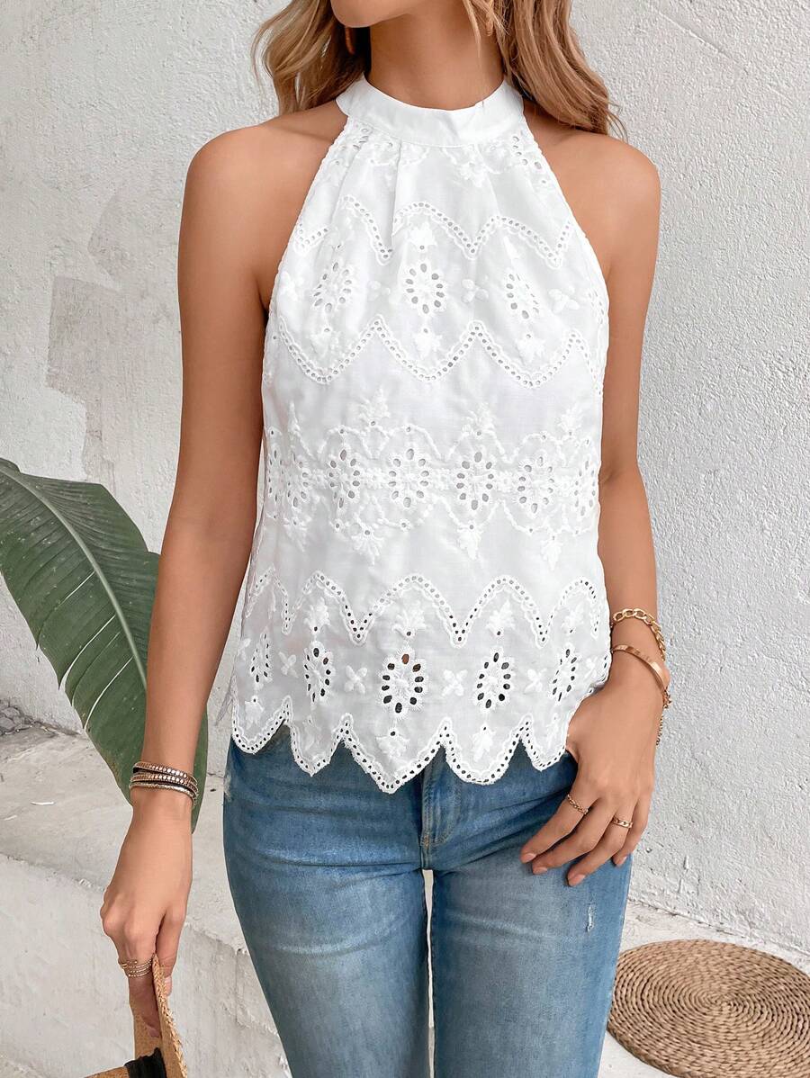 Breezaya Eyelet Embroidery Scallop Trim Halter Neck Blouse