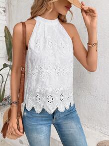 Breezaya Eyelet Embroidery Scallop Trim Halter Neck Blouse