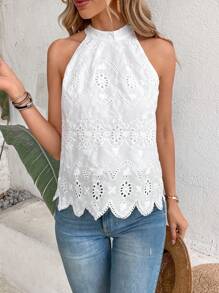 Breezaya Eyelet Embroidery Scallop Trim Halter Neck Blouse