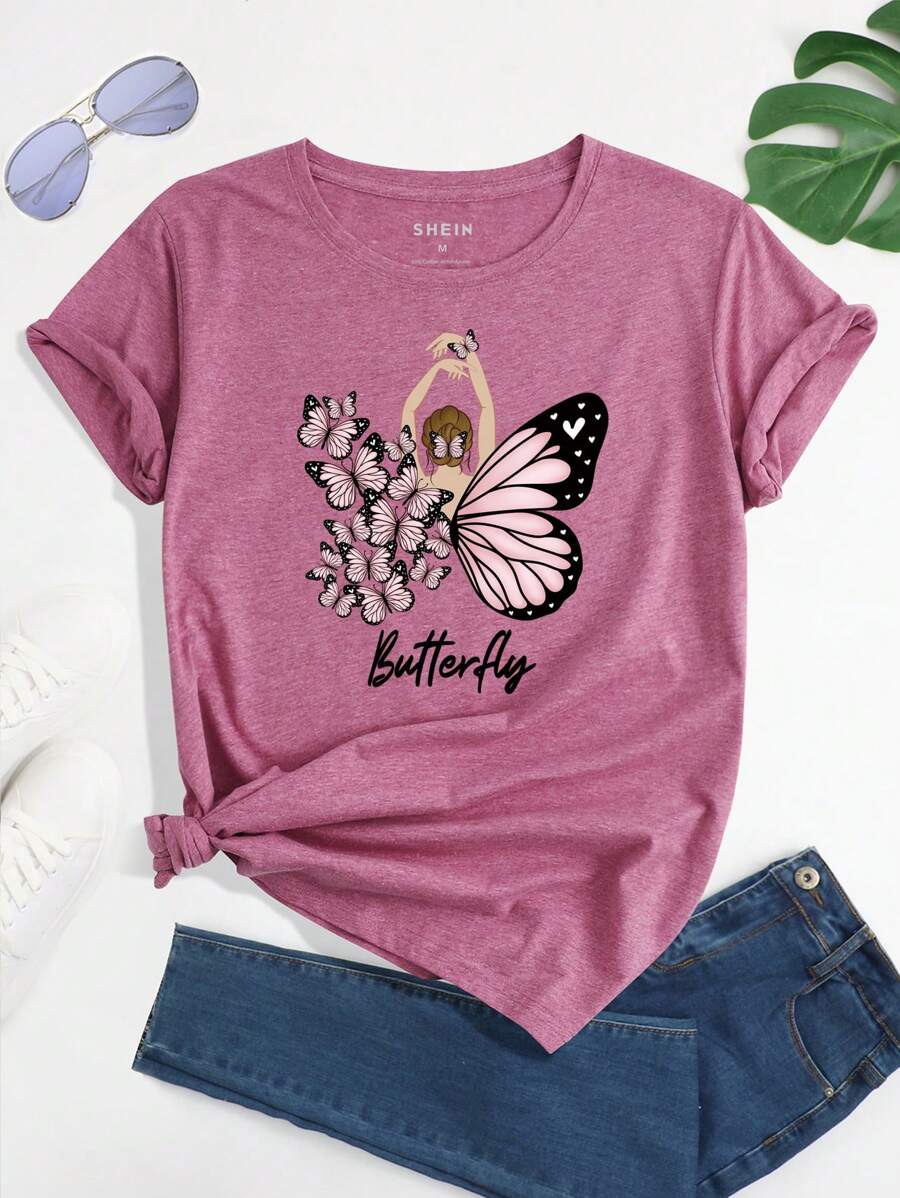 SHEIN LUNE 人像和蝴蝶圖案T恤 - 藕粉色 - 查看 1