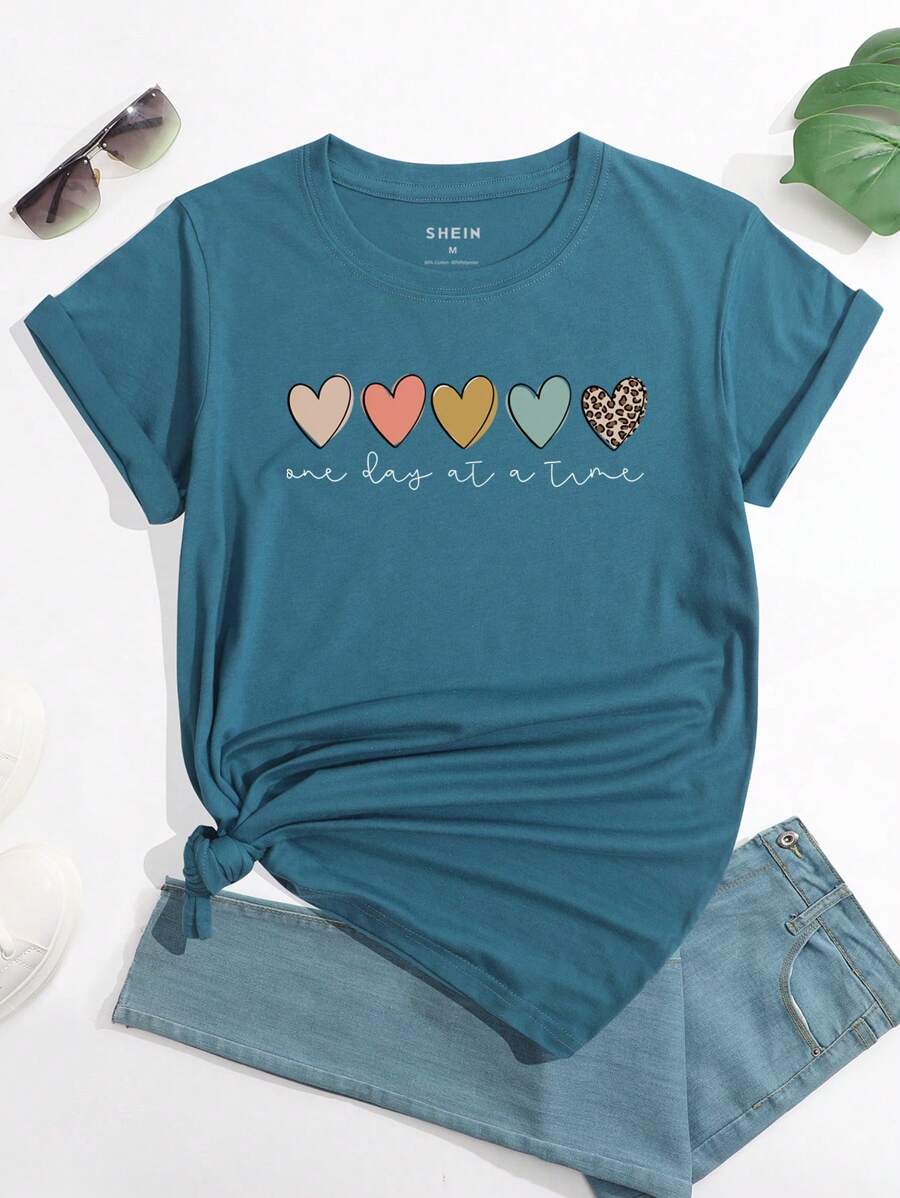 SHEIN LUNE 愛心和標語圖案T恤 - 水鴨藍 - 查看 1