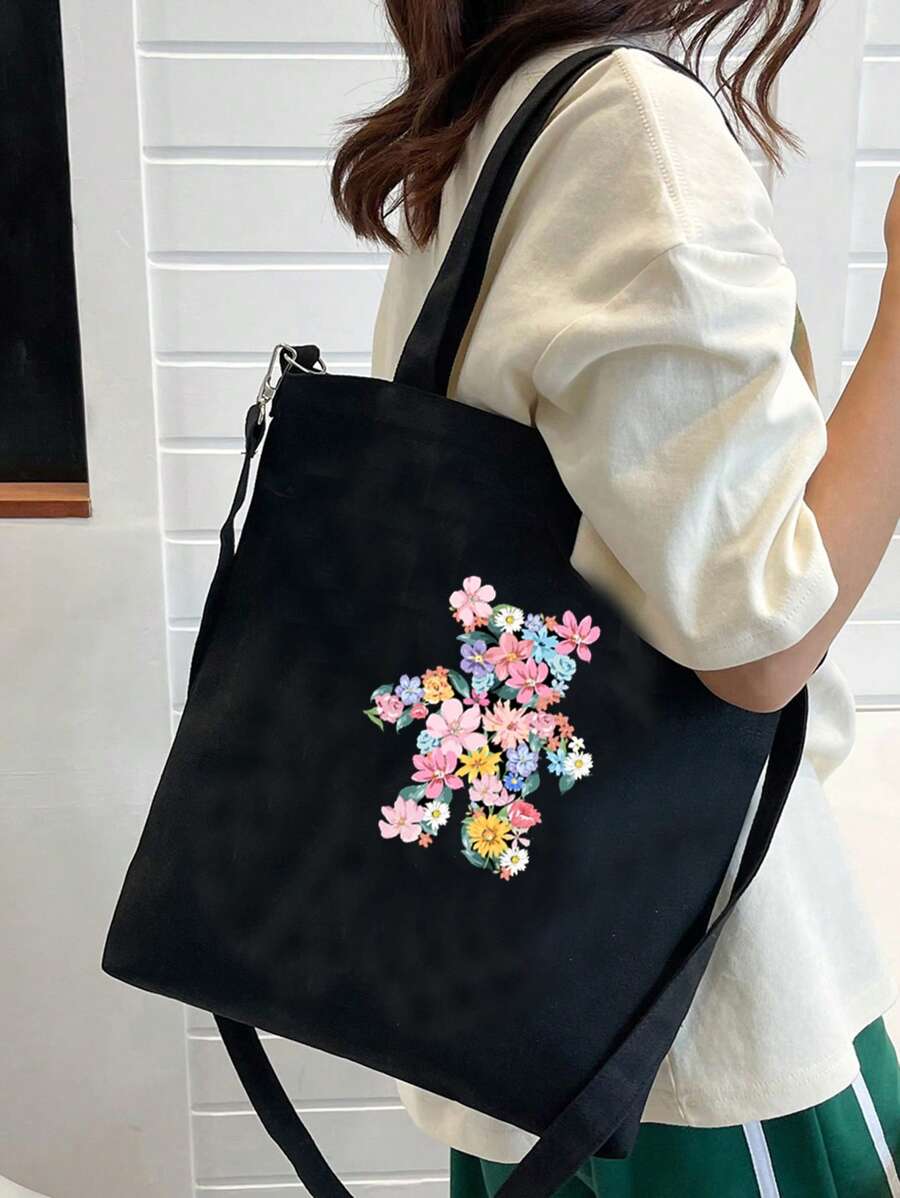 花卉圖案購物袋小黑色學院 - 黑色 - 查看 1