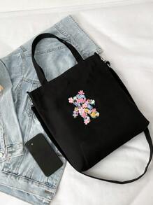 花卉圖案購物袋小黑色學院 - 黑色 - 查看 4