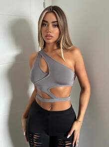 SHEIN ICON 單肩鏤空短款上衣 - 淺灰色 - 查看 1