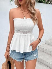 Breezaya 拼接水溶蕾絲褶邊荷葉邊下擺抹胸上衣 - 白色 - 查看 4