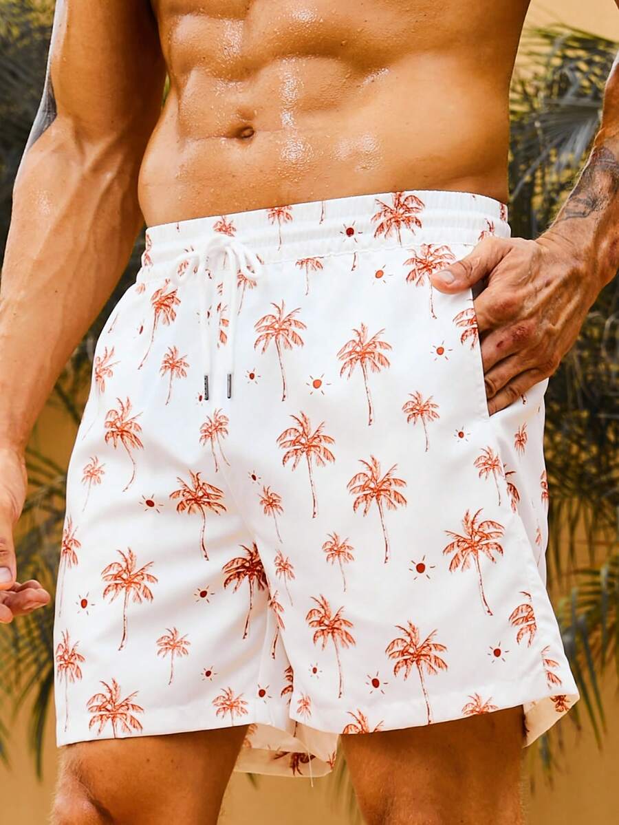 Manfinity Hombres Shorts de natación con estampado de árbol de coco de cintura con cordón - Blanco - Ver 1