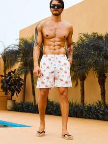 Manfinity Hombres Shorts de natación con estampado de árbol de coco de cintura con cordón - Blanco - Ver 3