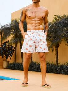 Manfinity Hombres Shorts de natación con estampado de árbol de coco de cintura con cordón - Blanco - Ver 5