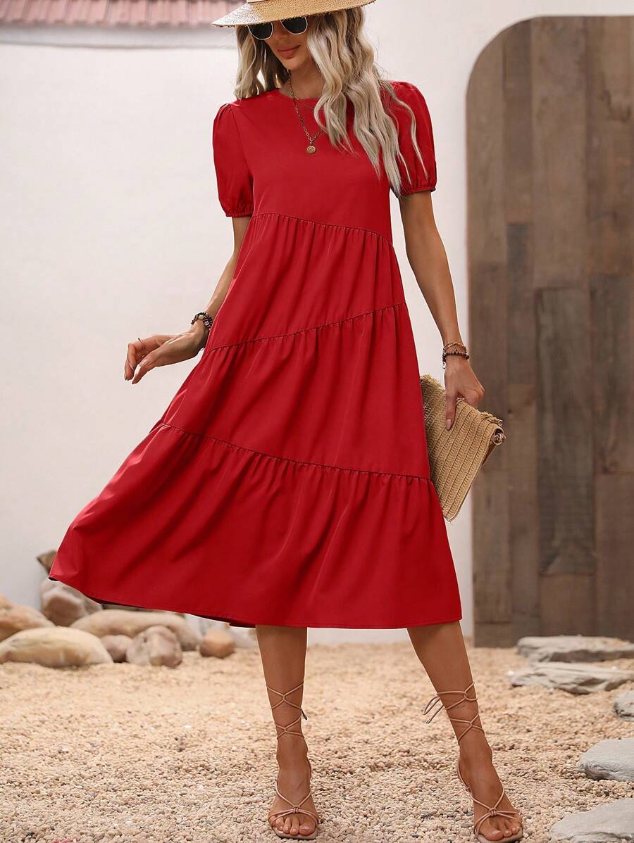 SHEIN Holidaya 素色荷葉邊娃娃裙 - 紅色 - 查看 1