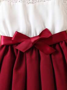 SHEIN 休閒撞色女童連衣裙蕾絲拼接 - 紅白色 - 查看 3