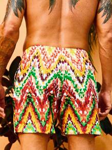 Manfinity Hombres Shorts de natación con estampado de cheurón de cintura con cordón - Multicolor - Ver 2