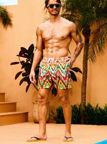 Manfinity Hombres Shorts de natación con estampado de cheurón de cintura con cordón - Multicolor - Ver 4