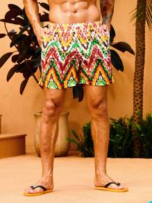 Manfinity Hombres Shorts de natación con estampado de cheurón de cintura con cordón - Multicolor - Ver 5