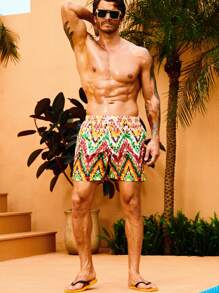 Manfinity Hombres Shorts de natación con estampado de cheurón de cintura con cordón - Multicolor - Ver 6