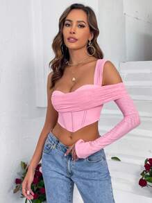One Shoulder Asymmetrical Hem Crop Top - Pink - View 1