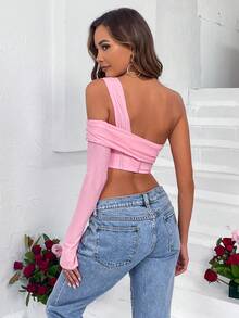 One Shoulder Asymmetrical Hem Crop Top - Pink - View 2