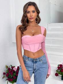 One Shoulder Asymmetrical Hem Crop Top - Pink - View 3