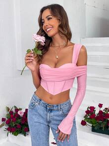 One Shoulder Asymmetrical Hem Crop Top - Pink - View 4