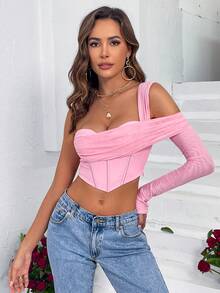 One Shoulder Asymmetrical Hem Crop Top - Pink - View 5