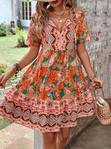 SHEIN VCAY Floral Print Tie Neck Ruffle Hem Smock Dress