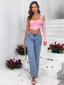 One Shoulder Asymmetrical Hem Crop Top - Pink - View 6