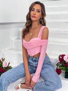 One Shoulder Asymmetrical Hem Crop Top - Pink - View 7