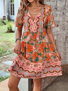 SHEIN VCAY Floral Print Tie Neck Ruffle Hem Smock Dress