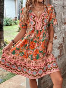 SHEIN VCAY Floral Print Tie Neck Ruffle Hem Smock Dress