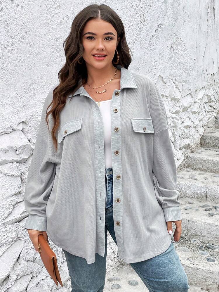 SHEIN LUNE Plus Manteau Épaule tombante À Rabat À Bouton (Sans Camisole) - Gris pâle - Voir 4