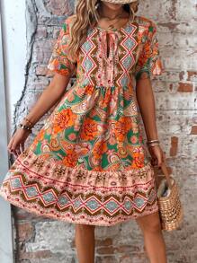 SHEIN VCAY Floral Print Tie Neck Ruffle Hem Smock Dress