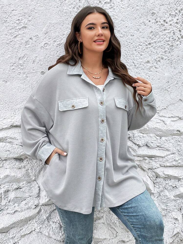 SHEIN LUNE Plus Manteau Épaule tombante À Rabat À Bouton (Sans Camisole) - Gris pâle - Voir 1