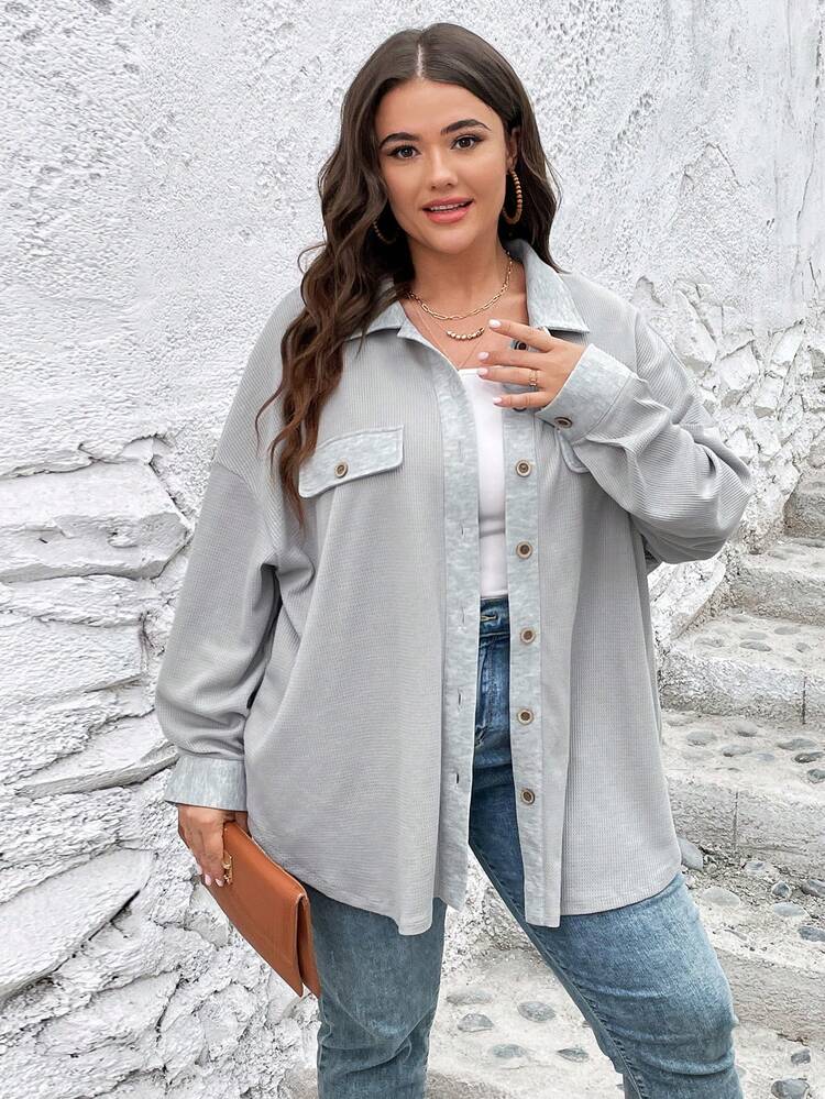 SHEIN LUNE Plus Manteau Épaule tombante À Rabat À Bouton (Sans Camisole) - Gris pâle - Voir 5