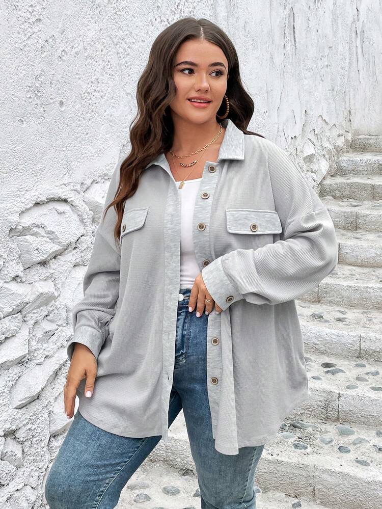SHEIN LUNE Plus Manteau Épaule tombante À Rabat À Bouton (Sans Camisole) - Gris pâle - Voir 7