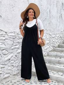 SHEIN LUNE Jumpsuits Plus Size Túi Nút phía trước màu trơn Giải trí - màu đen - Xem 6