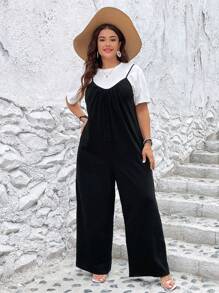 SHEIN LUNE Jumpsuits Plus Size Túi Nút phía trước màu trơn Giải trí - màu đen - Xem 3