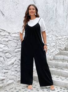 SHEIN LUNE Jumpsuits Plus Size Túi Nút phía trước màu trơn Giải trí - màu đen - Xem 4