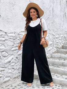 SHEIN LUNE Jumpsuits Plus Size Túi Nút phía trước màu trơn Giải trí - màu đen - Xem 5
