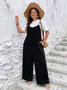 SHEIN LUNE Jumpsuits Plus Size Túi Nút phía trước màu trơn Giải trí - màu đen - Xem 7