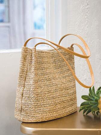 極簡草編包雙把手度假適合夏天,完美適合夏天海灘旅行度假