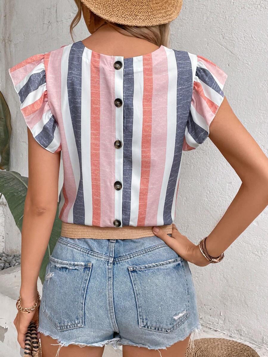 SHEIN LUNE 條紋印花後紐扣蝴蝶袖短款襯衫 - 彩色 - 查看 1