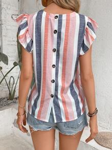 SHEIN LUNE 條紋印花後紐扣蝴蝶袖短款襯衫 - 彩色 - 查看 2