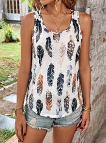 SHEIN LUNE Feather Print Tank Top Graphic Tees Women Tops - Multicolor - View 4
