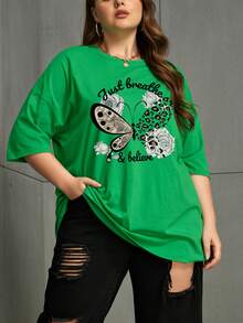 Camiseta de hombros caídos con estampado de mariposa y slogan - Verde - Ver 5