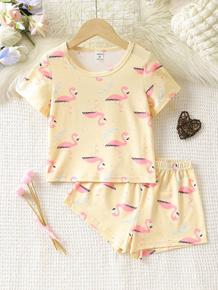 小女童火烈鳥圖案睡衣套裝 - 杏色 - 查看 1