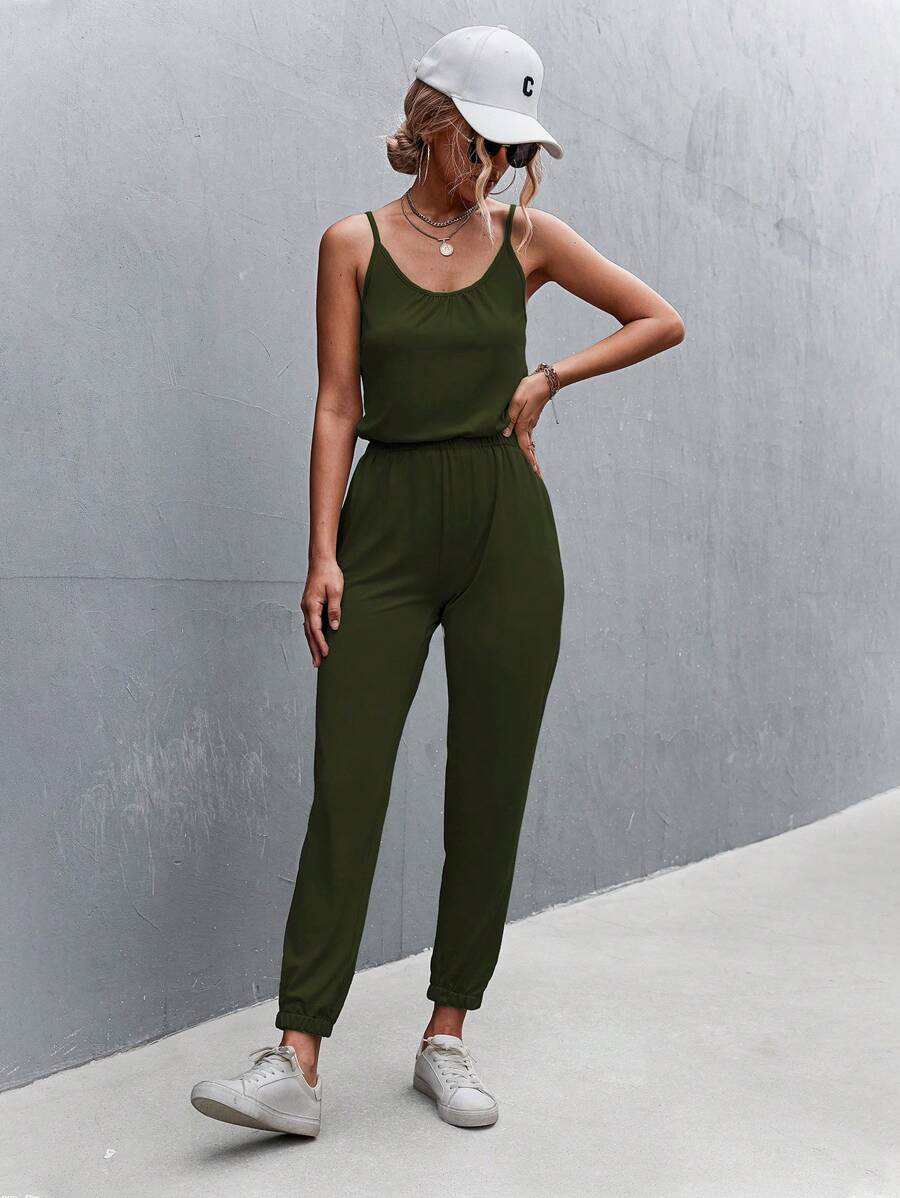 SHEIN Essnce 素色吊帶連體褲 - 軍綠色 - 查看 1