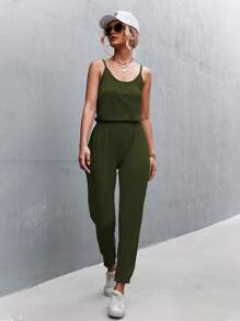 SHEIN Essnce 素色吊帶連體褲 - 軍綠色 - 查看 4