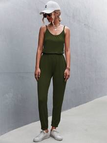 SHEIN Essnce 素色吊帶連體褲 - 軍綠色 - 查看 5