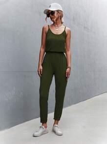SHEIN Essnce 素色吊帶連體褲 - 軍綠色 - 查看 6