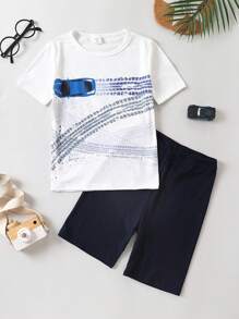 Boys Car Print Tee & Shorts Snug Fit PJ Set - Blue and White - View 1