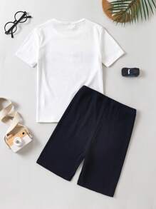 Boys Car Print Tee & Shorts Snug Fit PJ Set - Blue and White - View 2